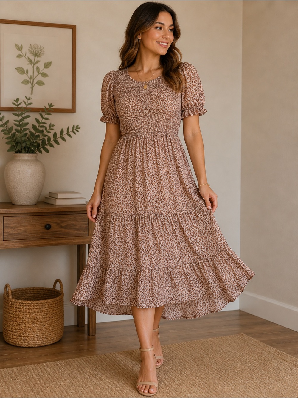 Vici Dusty Rose Floral Smocked Midi Prairie Dress